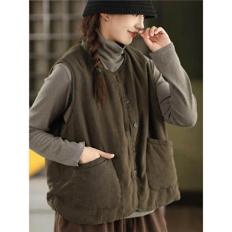 柒白2025秋冬新款日系文艺大口袋加厚夹棉马甲女慵懒宽松保暖坎肩,女装/女士精品,马夹,淘宝优惠券,粉丝福利购,淘宝优惠卷