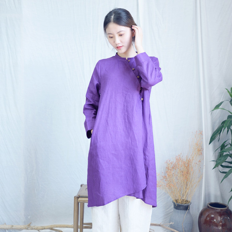 柒白宽松文艺旅行女装中长款上衣苎麻小立领中国风立领衬衫女