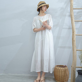 不规则棉麻仙女裙 泡泡袖 柒白天丝苎麻大摆长款 双层白色连衣裙夏季