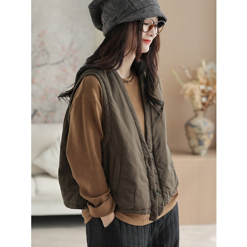 柒白2025秋冬新款日系简约纯色保暖夹棉马甲文艺宽松显瘦叠穿坎肩