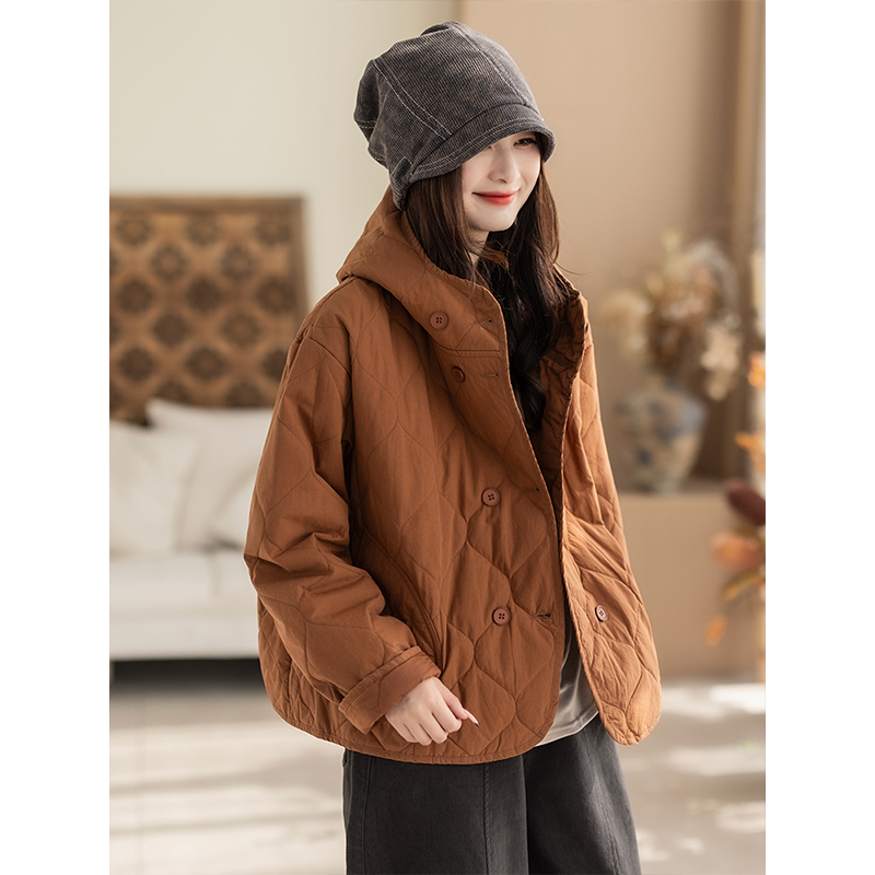 柒白秋冬菱形格连帽保暖棉衣