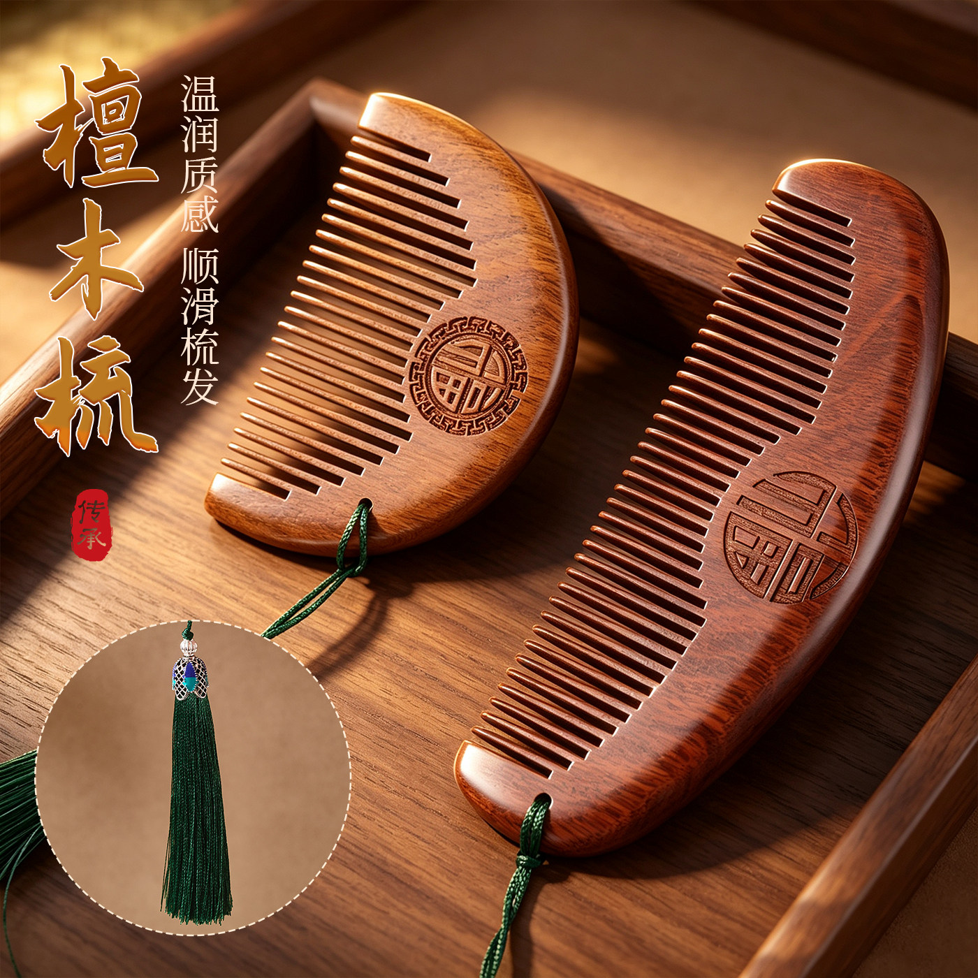 天然檀香木梳按摩梳桃木梳子女士专用长发正品木质家用便携梳头发
