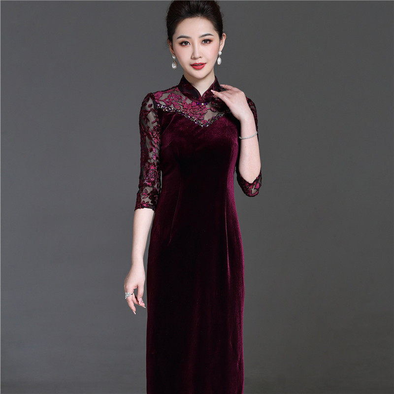 喜婆婆婚宴装高贵秋天丝绒旗袍结婚母亲装连衣裙中年婚礼妈妈礼服