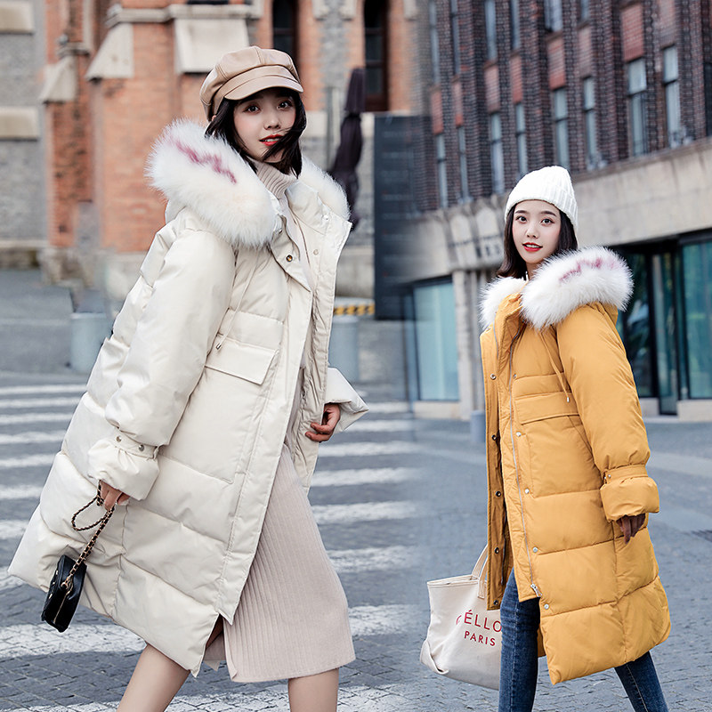 蔚佳依恋2019冬季新款韩版长款羽绒棉衣女过膝显瘦大毛领棉衣外套