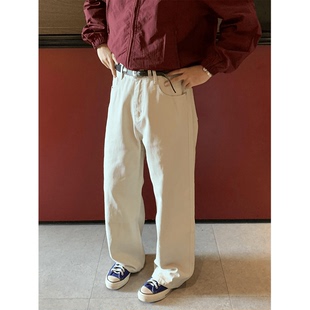 RonnShop日系宽松复古休闲街头宽松直筒白色水洗休闲裤 牛仔裤