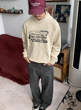 RonnShop秋冬新款日系宽松复古翻毛做旧连帽卫衣