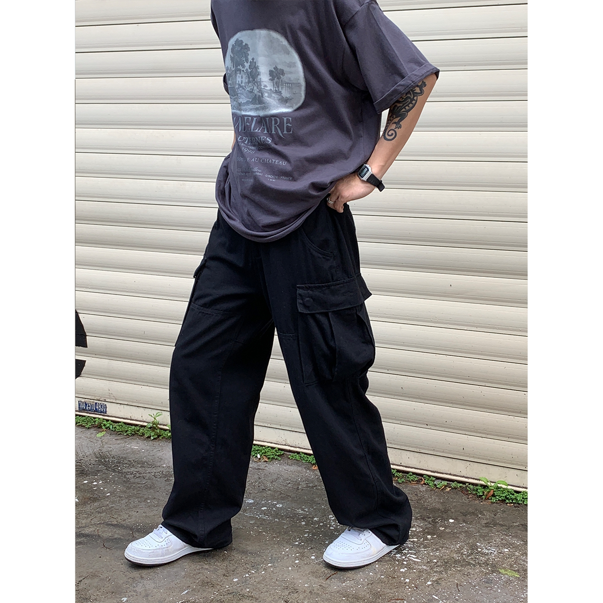 RonnShop日系美式复古大口袋宽松阔腿休闲黑色工装裤hiphop裤复古