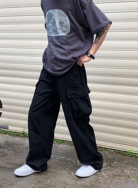 RonnShop日系美式复古大口袋宽松阔腿休闲黑色工装裤hiphop裤复古