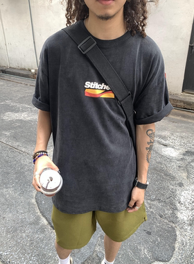 RonnShop夏季新款日系宽松复古水洗做旧男士纯棉圆领半袖T恤