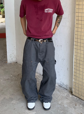 RonnShop日系宽松复古铆钉深灰色水洗伐木牛仔裤休闲裤