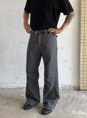 RonnShop街头cleanfit剪裁褶皱休闲微喇裤