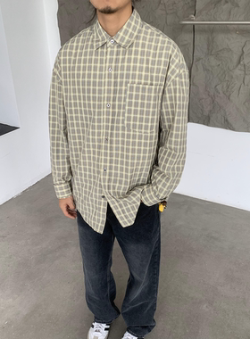 RonnShop男装日系复古格子翻领衬衫男春季长袖衬衣衬衫cleanfit