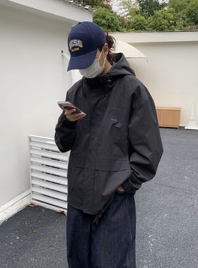 RonnShop日系复古Cityboy纯色连帽防水防风夹克