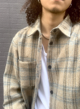 RonnShop秋冬新款日系宽松美式街头复古休闲羊毛针织格子衬衫vint