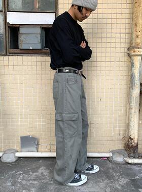 RonnShop日系宽松复古休闲口袋灰绿色工装裤