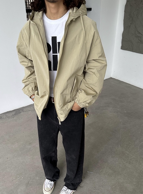 RonnShop日系宽松复古cleanfit纯色透气防晒防水连帽夹克外套