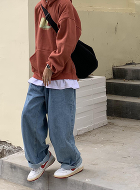 RonnShop日系潮流宽松直筒休闲浅蓝牛仔裤