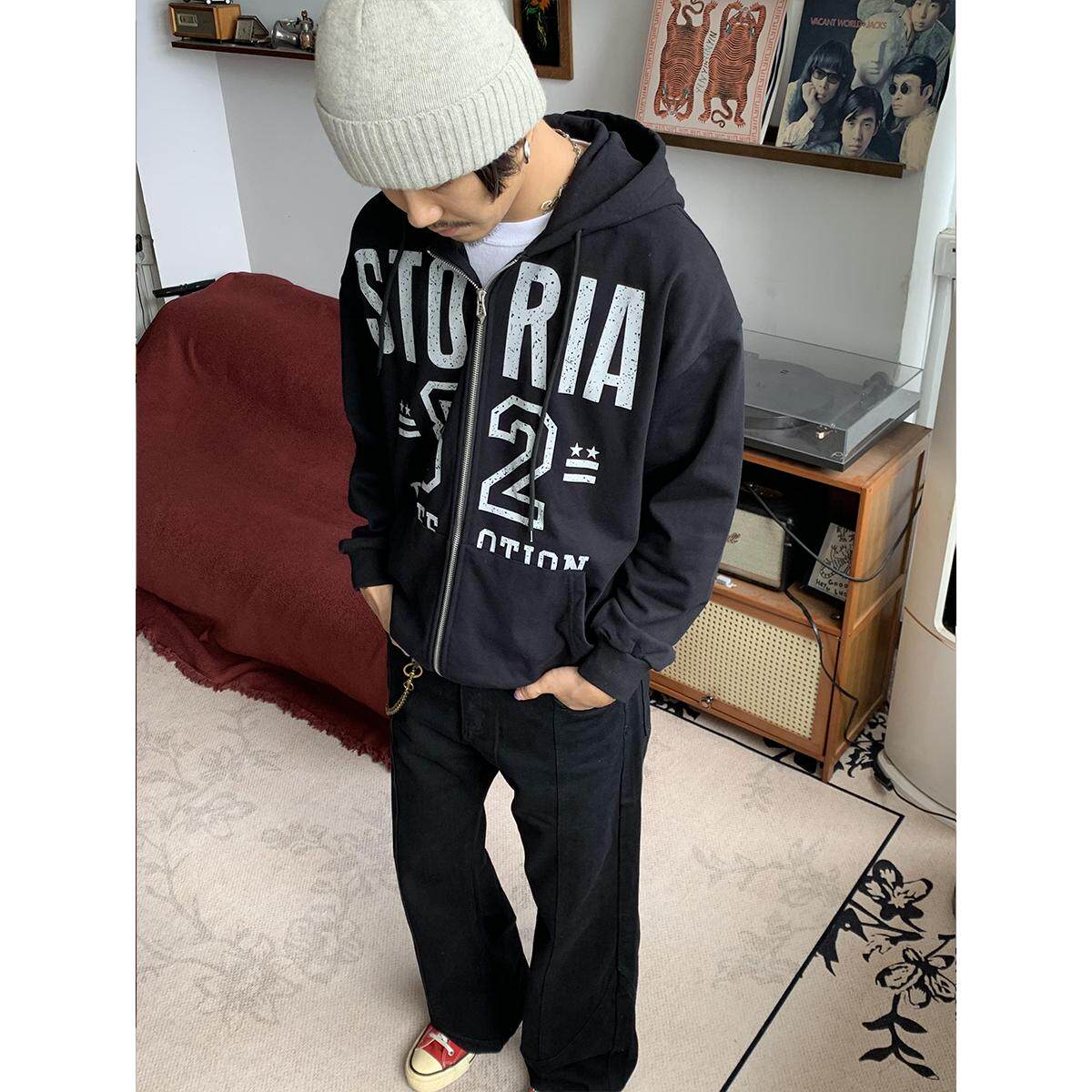 RonnShop日系宽松复古休闲原宿风连帽开衫拉链卫衣