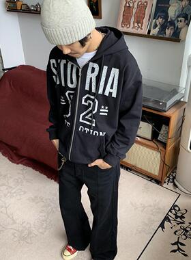 RonnShop日系宽松复古休闲原宿风连帽开衫拉链卫衣