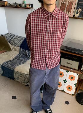 RonnShop日系宽松复古休闲格子酒红色外套长袖衬衫vintage