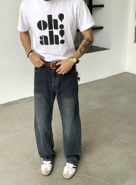 RonnShop日系宽松复古休闲cleanfit深蓝水洗直筒牛仔裤