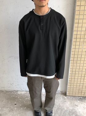 RonnShop日系宽松复古休闲假两件华夫格长袖T恤