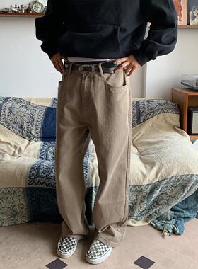 RonnShop日系宽松复古休闲直筒卡其色水洗休闲裤
