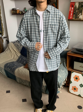RonnShop日系宽松休闲复古格子长袖衬衣衬衫vintage