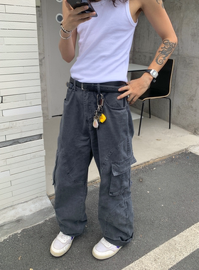 RonnShop日系美式宽松街头复古口袋水洗工装裤vintage