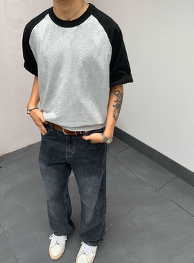 RonnShop日系宽松复古休闲cleanfit拼色320g纯棉美式短袖