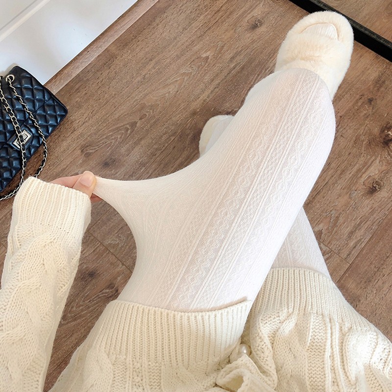 奶白色连裤袜秋冬款麻花纹加厚