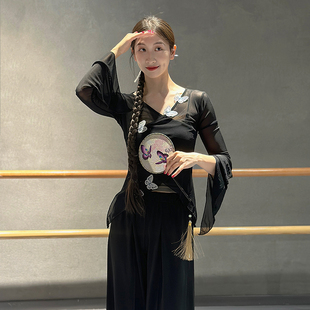 神秘黑显瘦喇叭袖开叉古典舞纱衣身韵练功服中国舞教师艺考舞蹈服