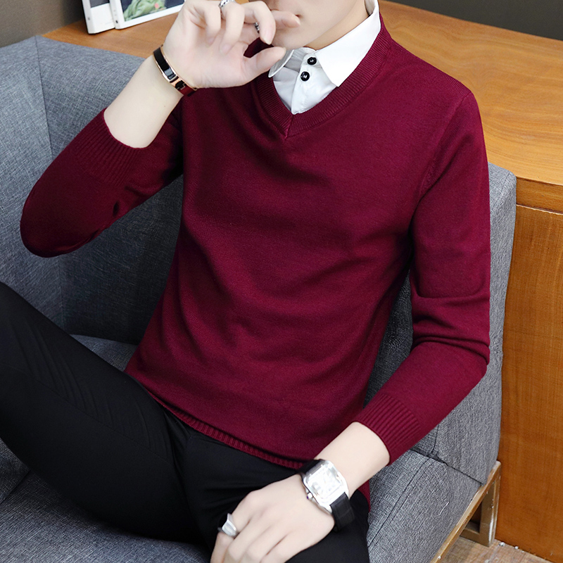 秋冬季男装上衣打底毛衣男士衬衫领假两件针织衫韩版潮流加绒加厚
