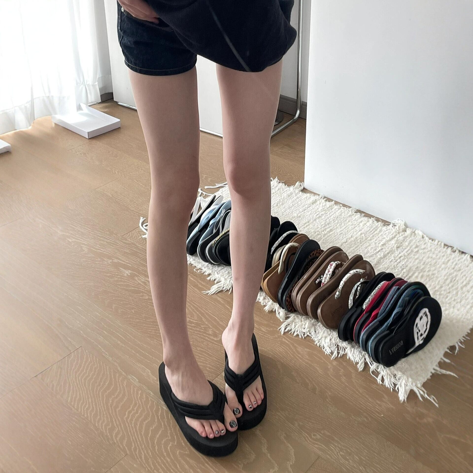 黑色人字拖坡跟女夏外穿eva厚底