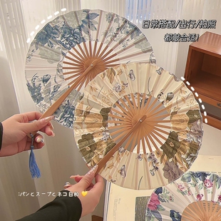 中国风绿色茉莉花蒲扇360度折扇子圆扇古风旗袍汉服跳舞扇便携夏