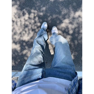 FDM线上商店冰蓝闪电纹牛仔裤直筒微喇修身裤子