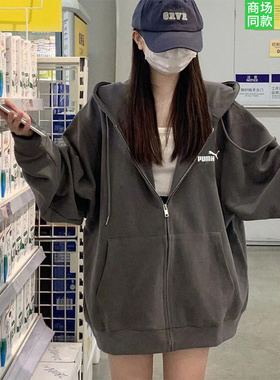 官网奥莱学院风休闲纯棉卫衣2025春秋宽松慵懒风拉链连帽开衫外套