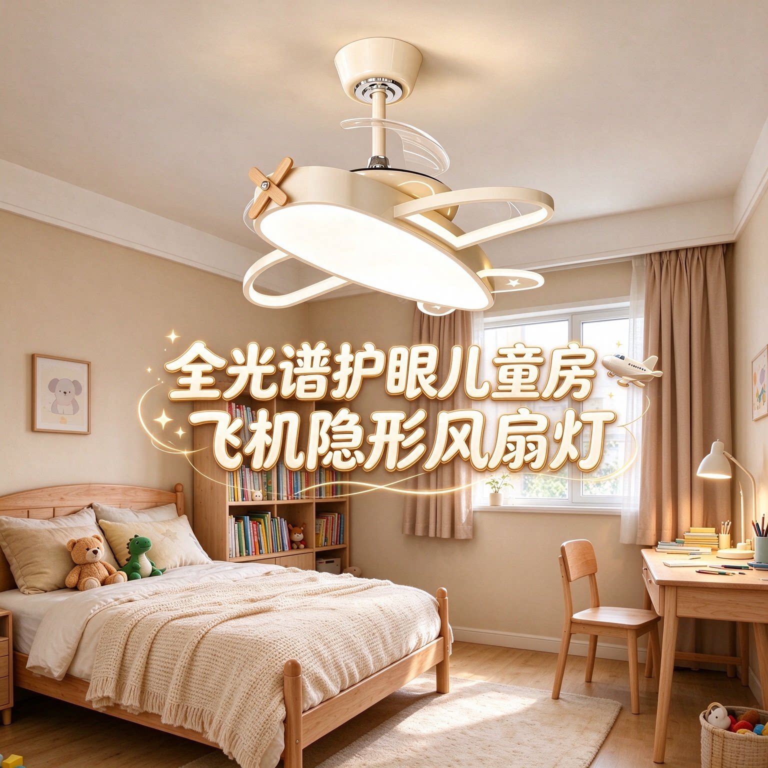 儿童房隐形风扇吊灯现代奶油风卧室灯吸顶飞机吊扇男孩护眼房间灯