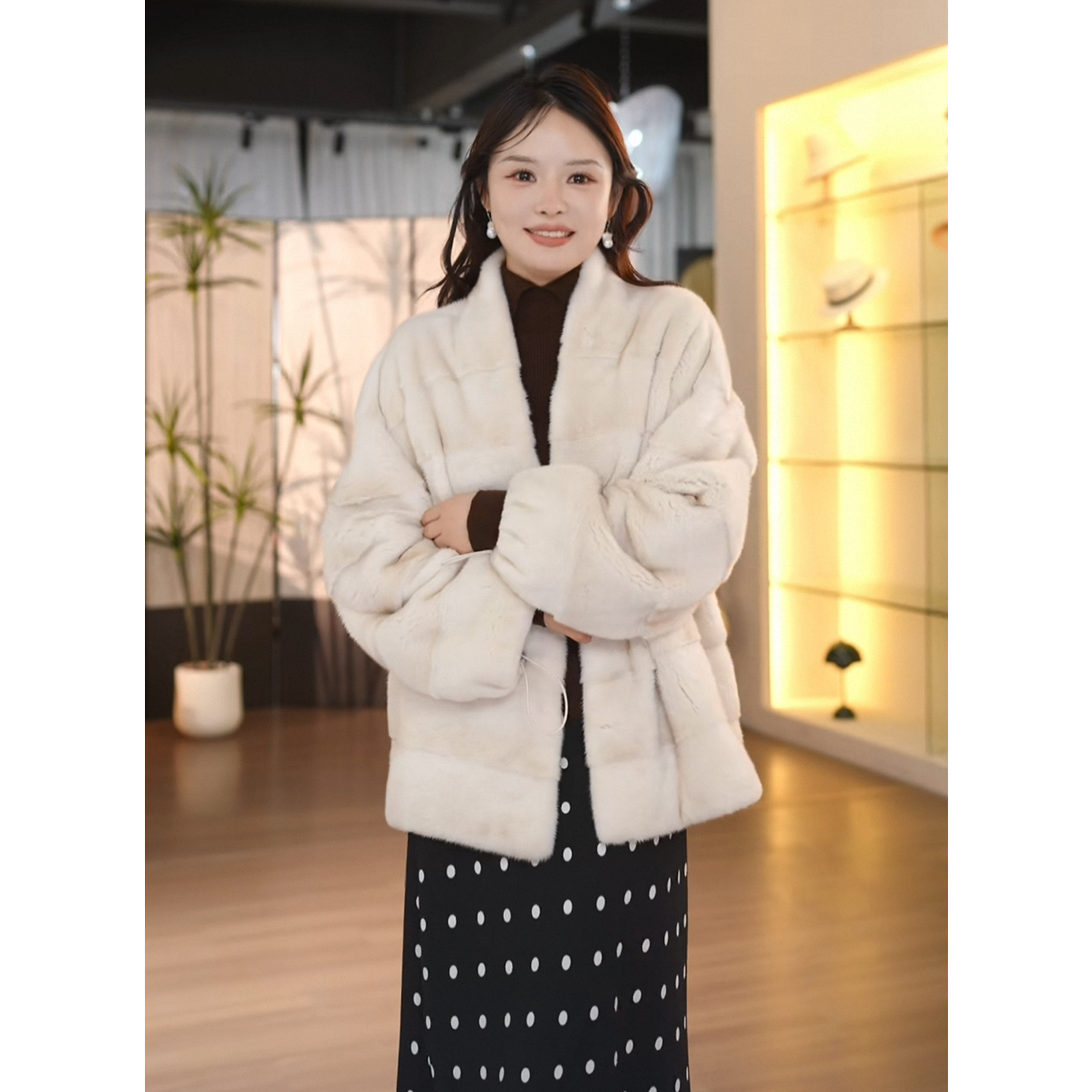 ACDY 【名流华彩·莫妮卡】水貂皮草外套女V领貂皮大衣时尚百搭