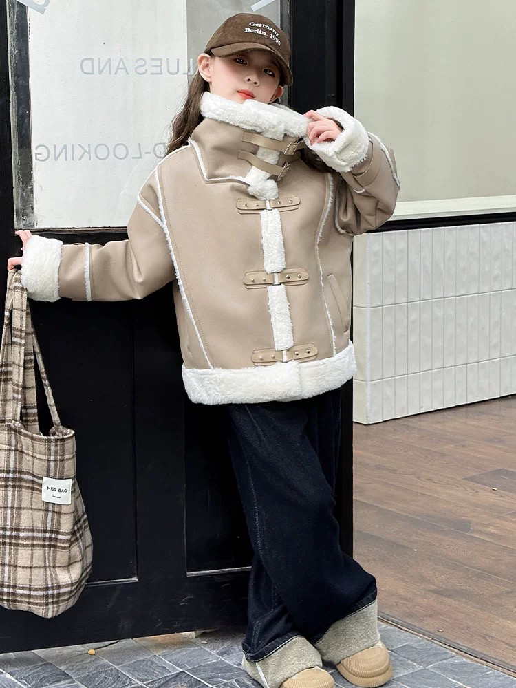 高品质！童装女童中大童冬装麂皮绒加绒加厚外套皮毛一体