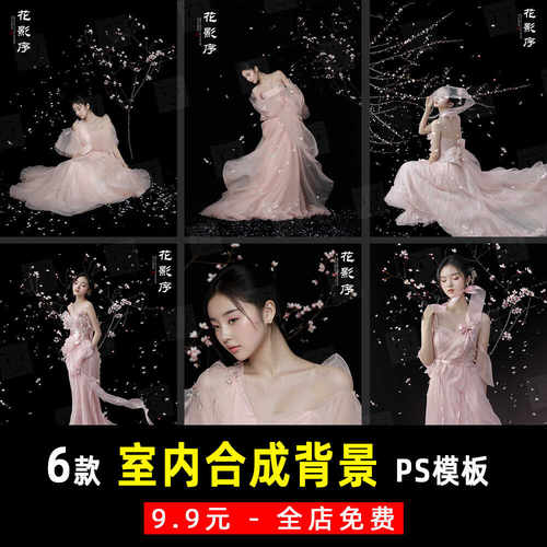 婚纱写真孕妇照室内樱花花瓣树枝合成背景PSD模板设计素材 K924