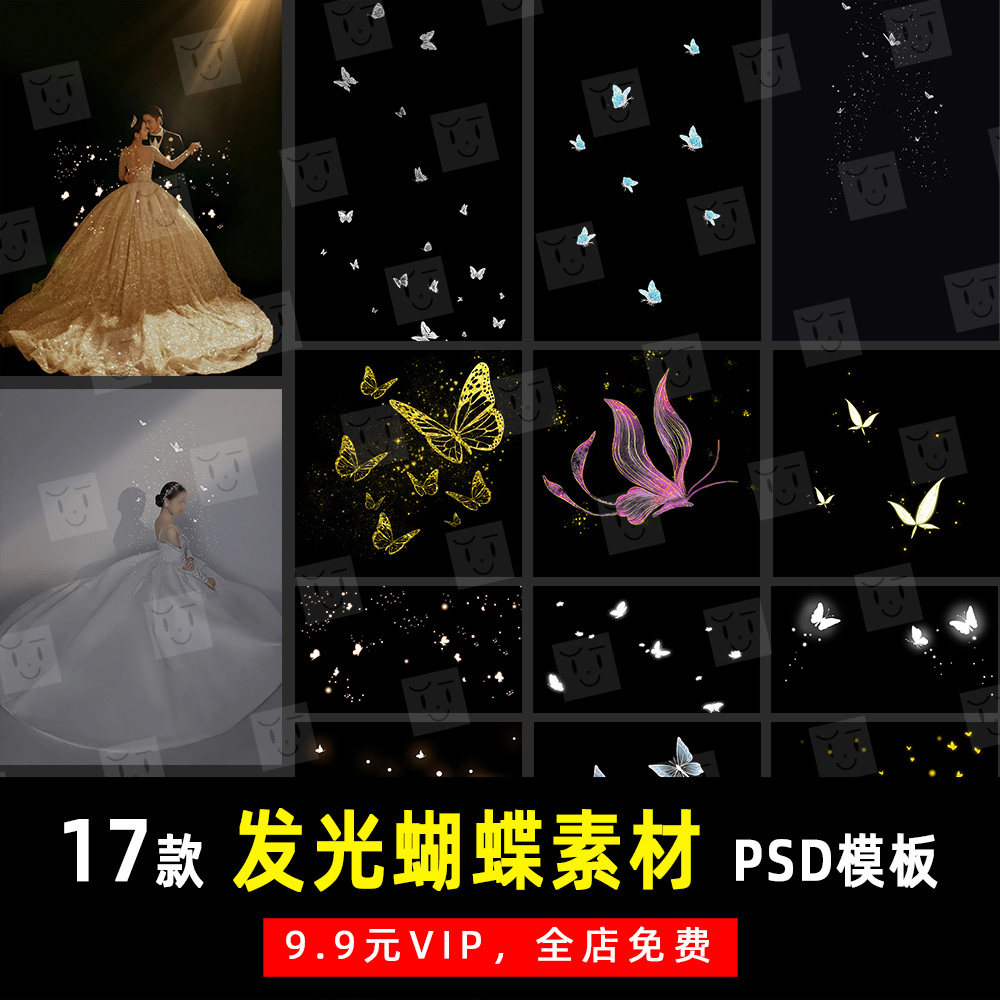婚纱照片发光蝴蝶亮片闪亮特效PSD模板素材影楼后期设计排版 K190