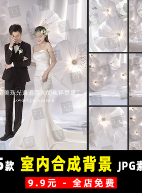 薇拉AI室内白树绸缎花拱门婚纱SD合成背景PS设计JPG素材模板 K966