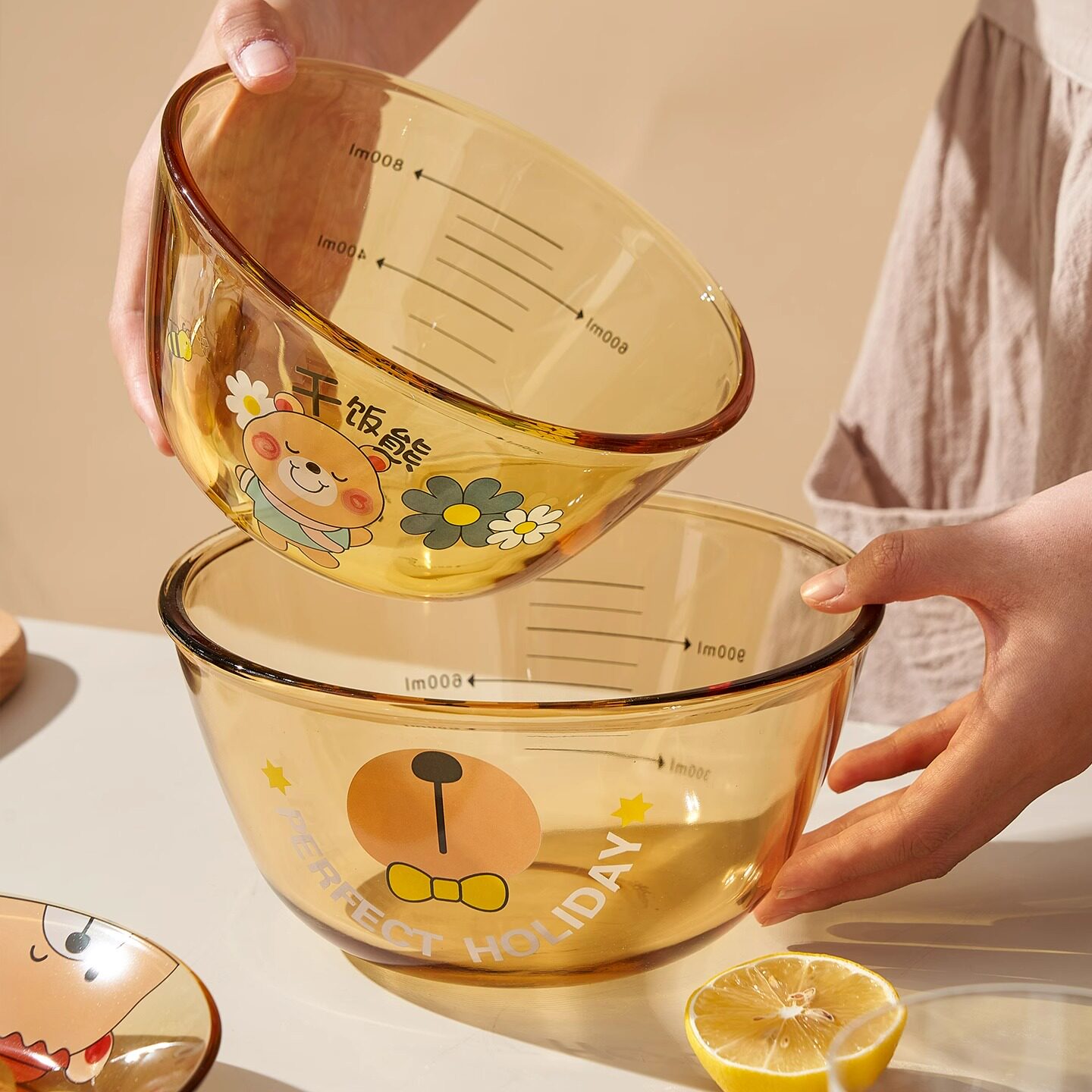 干饭熊高硼硅琥珀色玻璃餐具套装卡通高颜值带盖密封防烫家用碗盘