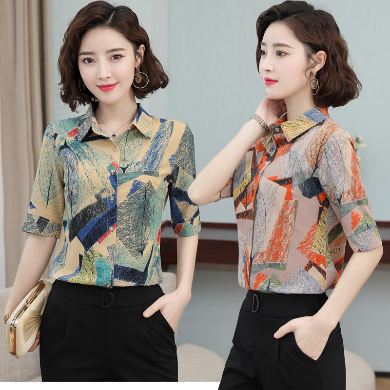 清新碎花衬衫女士短袖夏季韩版洋气七分袖上衣百搭雪纺衫半袖衬衣