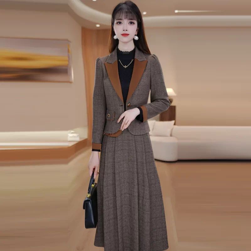 轻奢复古气质套装女秋季新款显瘦遮减龄时尚格子小西装套装裙子