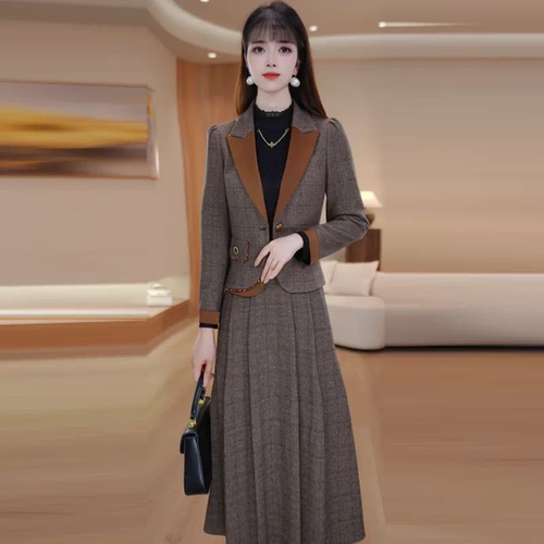 轻奢复古气质套装女秋季新款显瘦遮减龄时尚格子小西装套装裙子