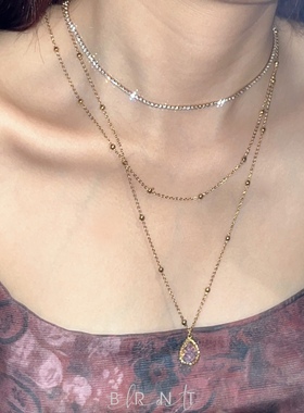 BRNT 小众法式轻奢满钻钢珠吊坠钛钢辣妹项链叠戴多层甜美锁骨链