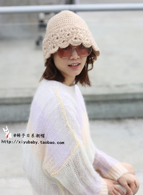 森女系马海毛钩织卷边修脸渔夫帽
