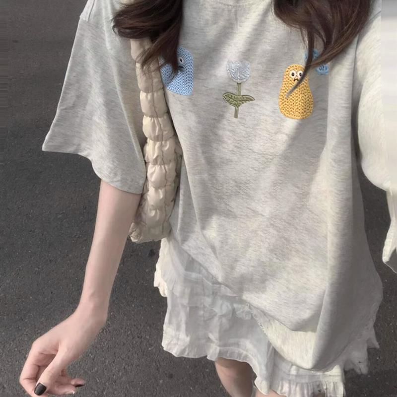 小个子花灰色短袖t恤女夏季新款设计感小众独特别致纯棉宽松上衣